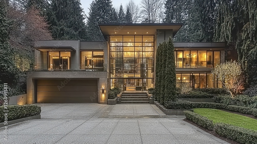 Modern luxurious house with glass walls in a wooded neighborhood, showcasing architecture design for real estate Modern luxurious house with glass walls in a wooded neighborhood, showcasing architecture design for real estate