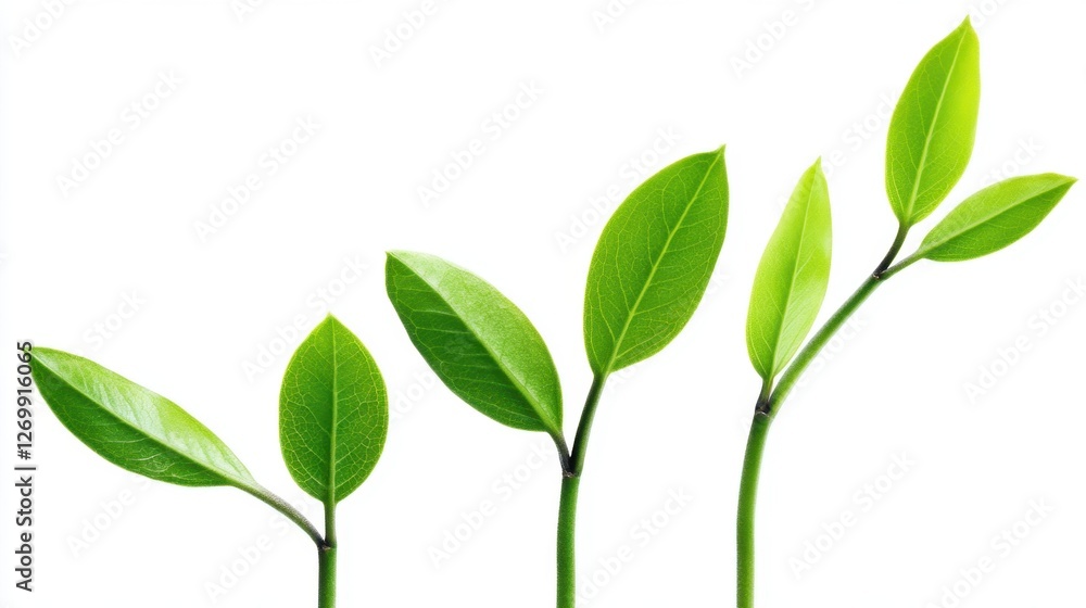 A macro shot shows four vibrant green leaves sprouting in sequence, isolated on a white background, symbolizing growth and new beginnings A macro shot shows four vibrant green leaves sprouting in sequence, isolated on a white background, symbolizing growth and new beginnings