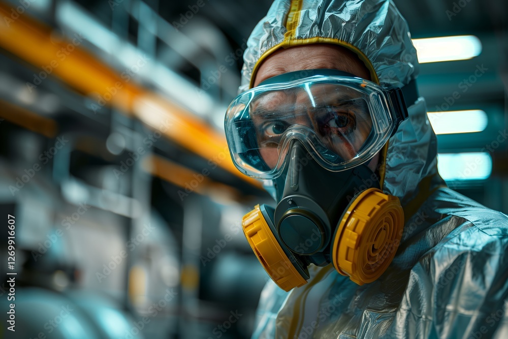 Scientist in protective gear working in an industrial lab setting. Scientist in protective gear working in an industrial lab setting.