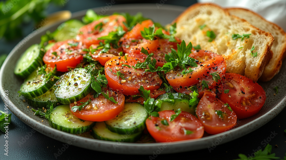 Fresh Tomato Cucumber Salad with Rustic Bread on Plate