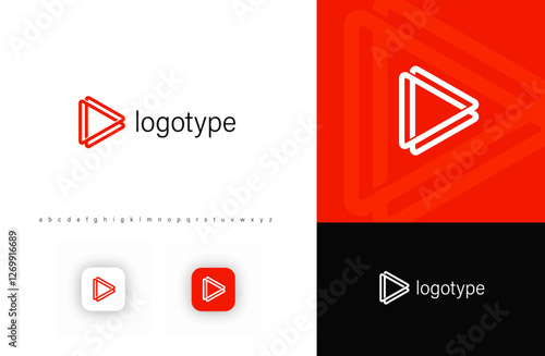 Play button logo with layered geometric lines symbolizing media, motion, and digital progress. Ideal for streaming services, video platforms, tech startups, and online entertainment. Vector icon