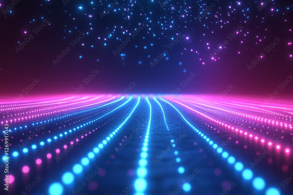 Obraz premium Vibrant neon laser beams in blue and purple colors on a dark background, a futuristic digital art vector illustration. Neon glow effect for an energetic concept banner or party