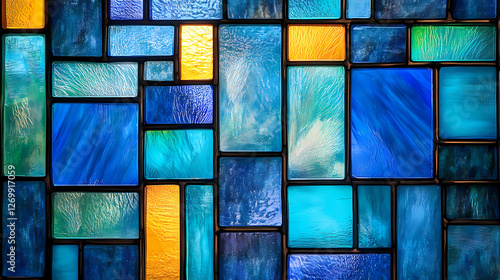 A closeup of an electric blue stained glass window with a geometric pattern of rectangles in azure, aqua, and brick, showcasing symmetry and urban design art. Electric Stained Glass. Illustration