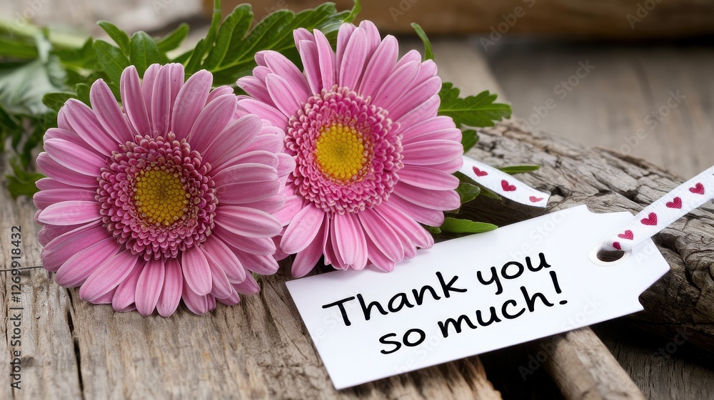 Two pink gerbera daisies lie with a thank you note