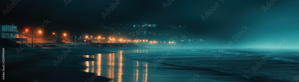 Fototapeta premium Nighttime Coastal Town Beachfront Illumination