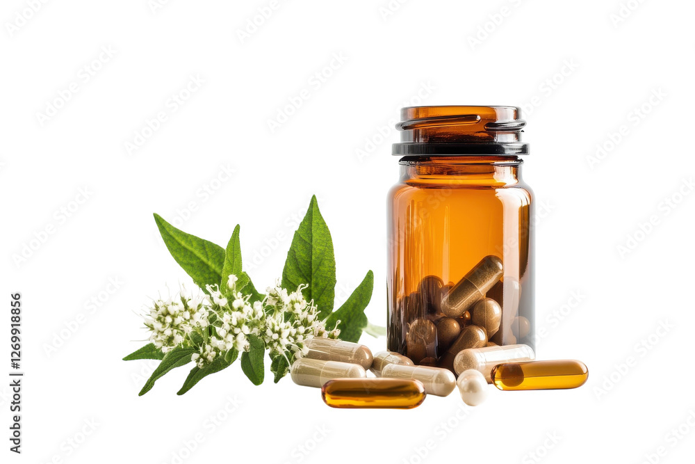 Aromatic herbs and natural supplements in a rustic setting on a bright, serene morning isolated on transparent background