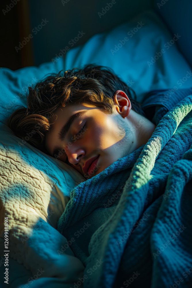 A young man sleeping in bed under a blanket A young man sleeping in bed under a blanket