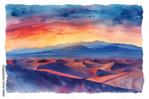 Vibrant watercolor desert landscape at sunset, showcasing rolling sand dunes and mountains. photo