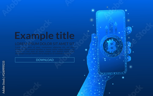 Hand holding a smartphone concept of increasing income, business and finance in bitcoin. 3D money in light blue futuristic style on phone screen and growth chart