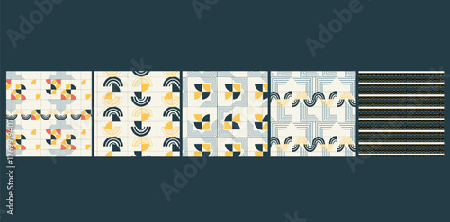 A modern Bauhaus-inspired seamless pattern bundle featuring bold geometric shapes and primary colors, perfect for fabric, wallpaper, packaging, and contemporary design projects.