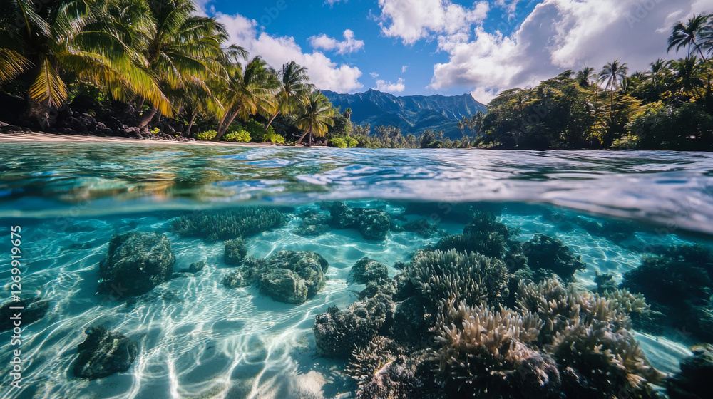 Fototapeta premium Discovering the vibrant underwater world of a tropical lagoon with coral reefs and clear blue waters