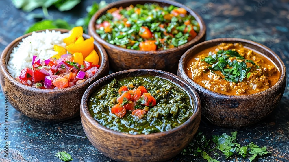 Fototapeta premium Indian curries, rice, salsa, dark background; restaurant menu