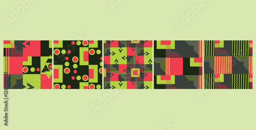 A modern Bauhaus-inspired seamless pattern bundle featuring bold geometric shapes and primary colors, perfect for fabric, wallpaper, packaging, and contemporary design projects.