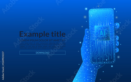 hand holding smartphone Abstract light blue digital AI chip on empty screen low poly. AI technology concept. Processor with circuit lines and letters A and I