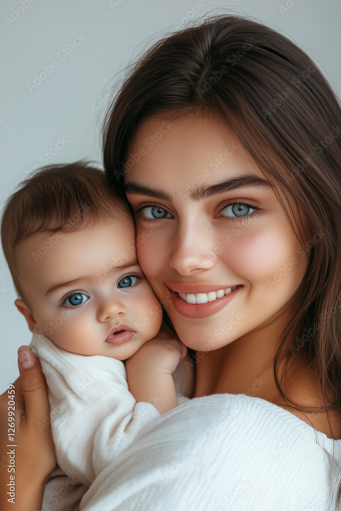 Woman is holding a baby in a white dress Woman is holding a baby in a white dress