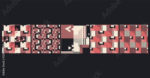 A modern Bauhaus-inspired seamless pattern bundle featuring bold geometric shapes and primary colors, perfect for fabric, wallpaper, packaging, and contemporary design projects.