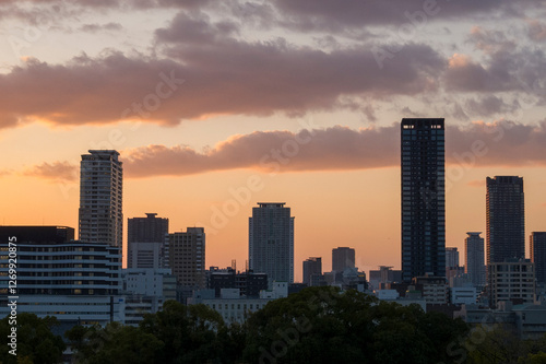 The night city view in Osaka in Asia, Japan, Kansai, Osaka, in summer, on a sunny day.