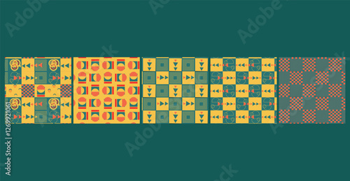 A modern Bauhaus-inspired seamless pattern bundle featuring bold geometric shapes and primary colors, perfect for fabric, wallpaper, packaging, and contemporary design projects.