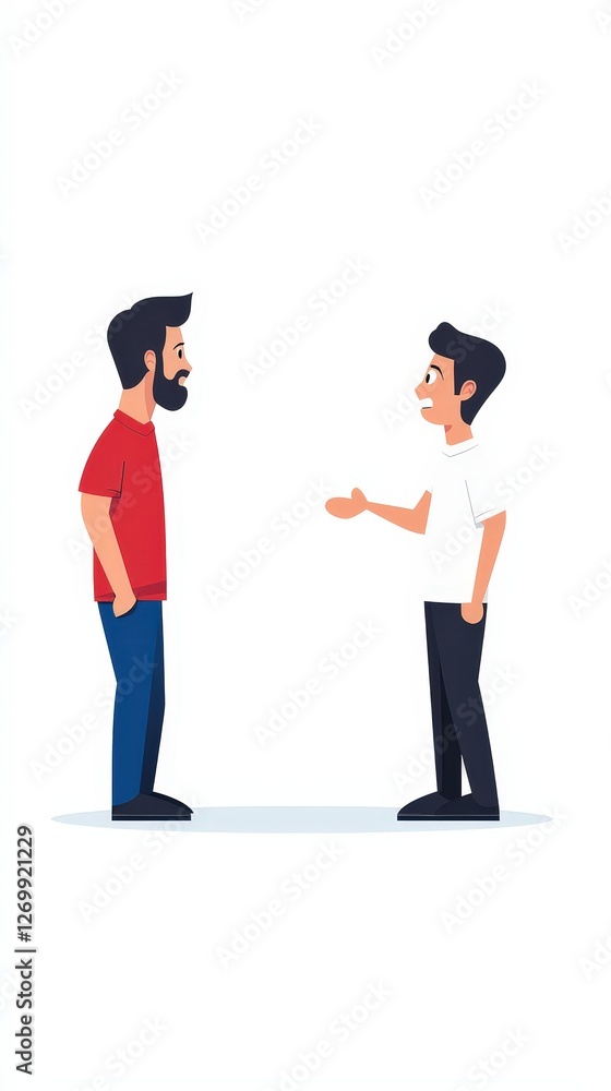 Two men engaged in conversation outdoors in a public space with natural surroundings Two men engaged in conversation outdoors in a public space with natural surroundings