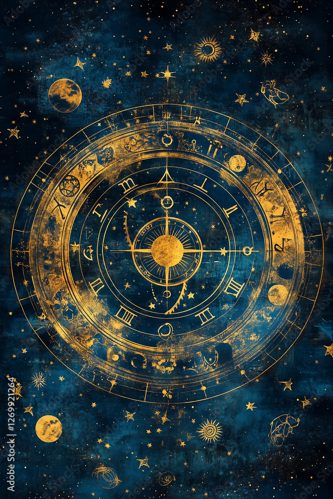 Gold and blue circle with roman numerals and stars Gold and blue circle with roman numerals and stars