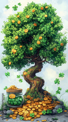 Wallpaper Mural Tree with gold coins in a jar is surrounded by gold coins Torontodigital.ca