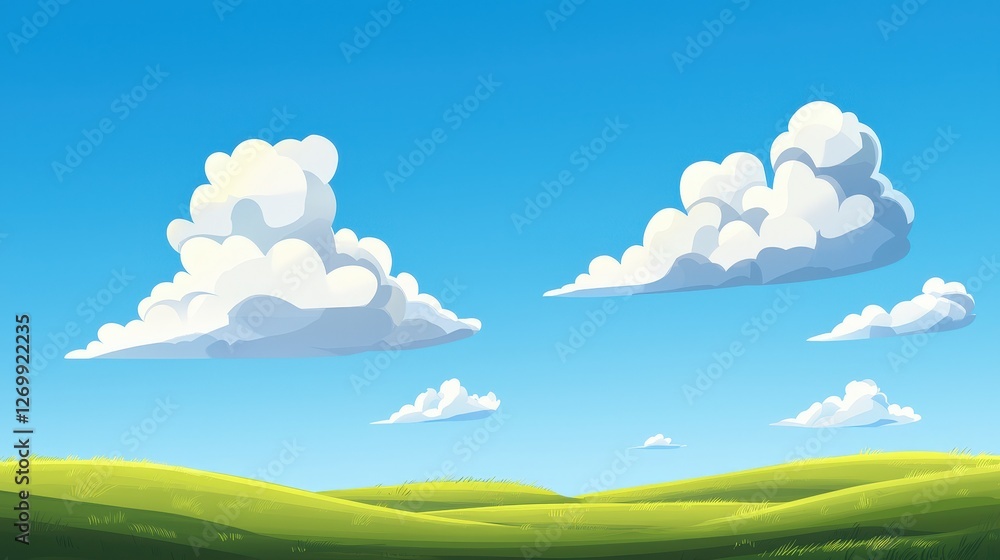 Fototapeta premium Cartoon landscape featuring a green field under a bright blue sky with fluffy white clouds