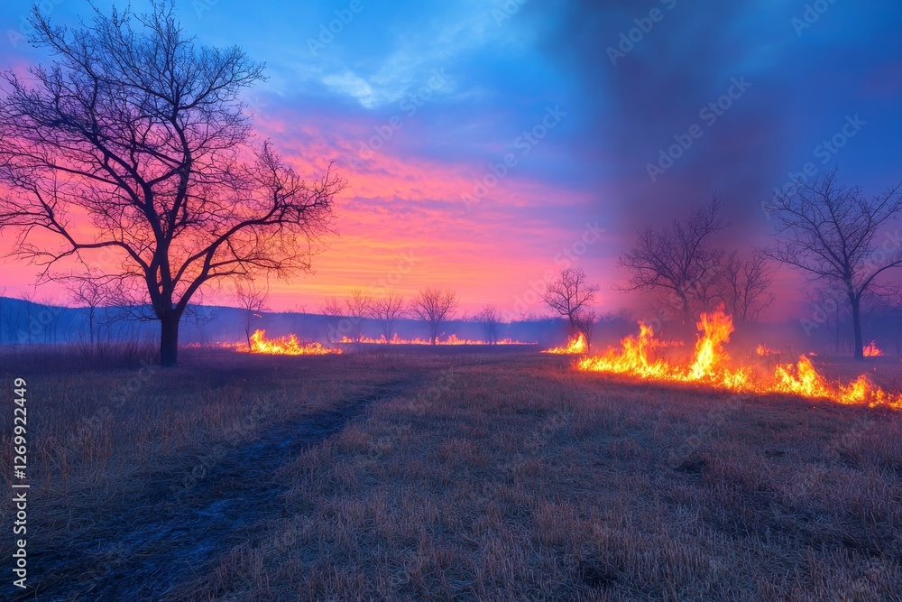 Raging fire blazes through grass fields, polluting the air with smoke from the wildfire Raging fire blazes through grass fields, polluting the air with smoke from the wildfire