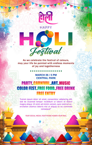 happy holi festival poster template with colorful design concept