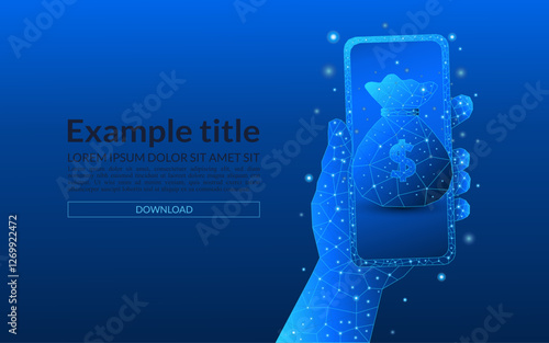 Hand holding smartphone with dollar financial savings or profit concept. Money bag with dollar coins in low poly style