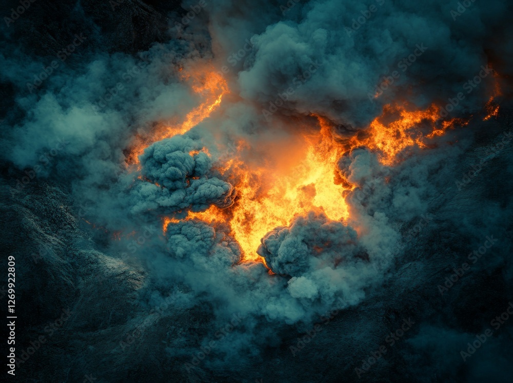 Aerial view of a fire burning on a yellow straw rice field, producing smoke Aerial view of a fire burning on a yellow straw rice field, producing smoke