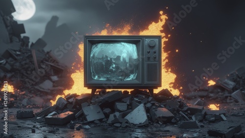 Wallpaper Mural Post-Apocalyptic Wasteland with Old Television Set on Rubble, Line Art with Colour Splash, Fire and Ice, and Ultra-Detailed Artistic Design, Generative AI Torontodigital.ca
