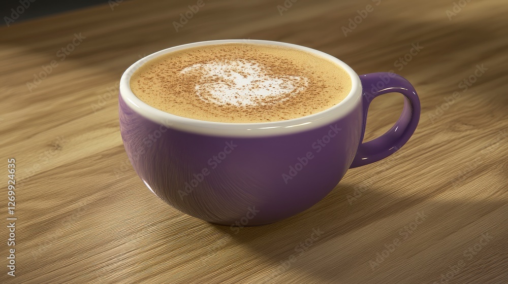 Fototapeta premium Aromatic Latte Art in a Vibrant Purple Cup on a Wooden Table