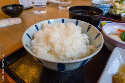 The meal in the mountains in Asia, Japan, Kansai, Nachikatsuura, in summer, on a sunny day. photo