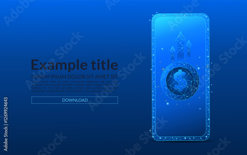 smartphone concept of income increase, business and finance in dollar. 3D money in light blue futuristic style on phone screen and growth chart
