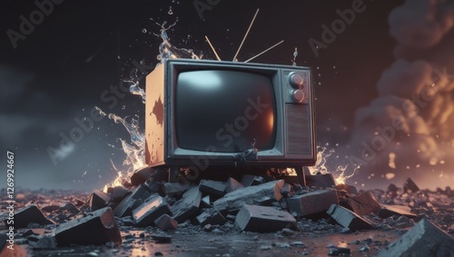 Wallpaper Mural Post-Apocalyptic Wasteland with Old Television Set on Rubble, Line Art with Colour Splash, Fire and Ice, and Ultra-Detailed Artistic Design, Generative AI Torontodigital.ca