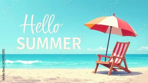 Summer hello vector banner set. Hello summer text beach time with chair and umbrella decoration elements in blue sky background collection. Vector illustration summer greeting invitation banner