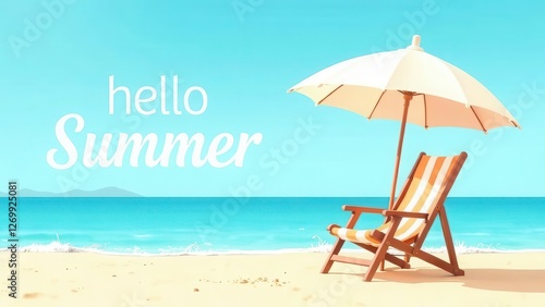 Summer hello vector banner set. Hello summer text beach time with chair and umbrella decoration elements in blue sky background collection. Vector illustration summer greeting invitation banner
