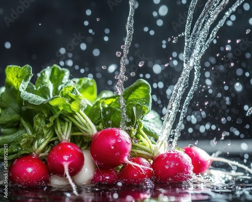 radishes being washed under a running tap, showcasing water droplets splashing and creating a dynamic shot