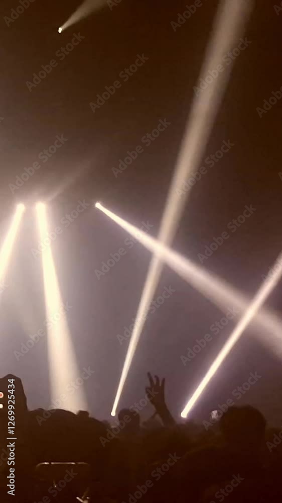 Happy people dance in nightclub party concert and listen to music from DJ on the stage in background. Cheerful crowd celebrate Christmas and New Year party 2018. Young people lifestyle and nightlife.