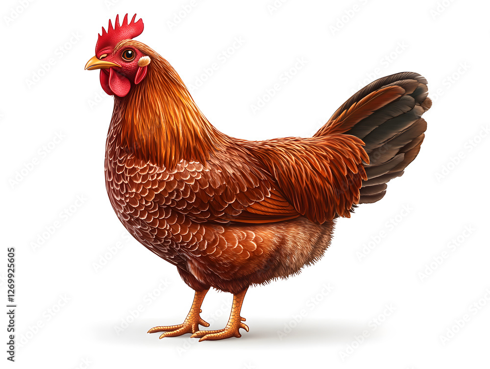 Fototapeta premium Cute Chicken Standing on a White Background Showcases Its Vibrant Plumage and Playful Demeanor While Exuding Charm and Personality in a Serene Environment