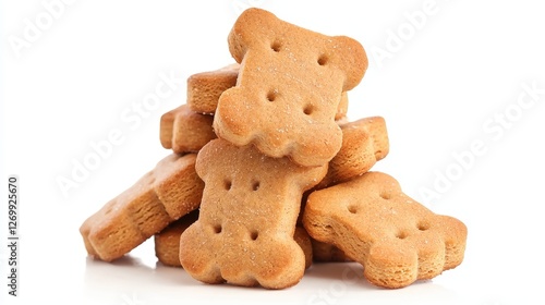 Pile of assorted dog biscuits in various shapes and colors on a wooden surface