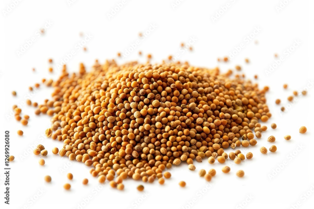 Golden mustard seeds arranged in a captivating heap on a bright white background isolated on transparent background Golden mustard seeds arranged in a captivating heap on a bright white background isolated on transparent background