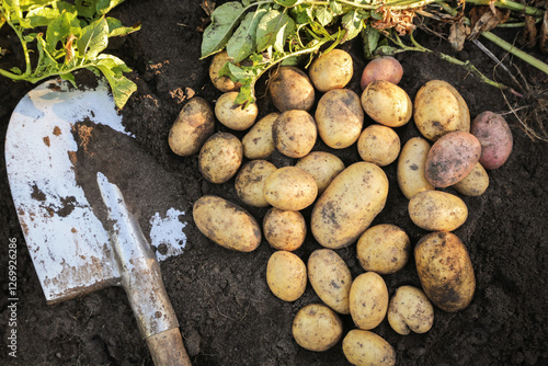 Organic potato harvest close up, top view. Bunch of freshly harvested dirty eco bio potato with shovel on soil ground photo