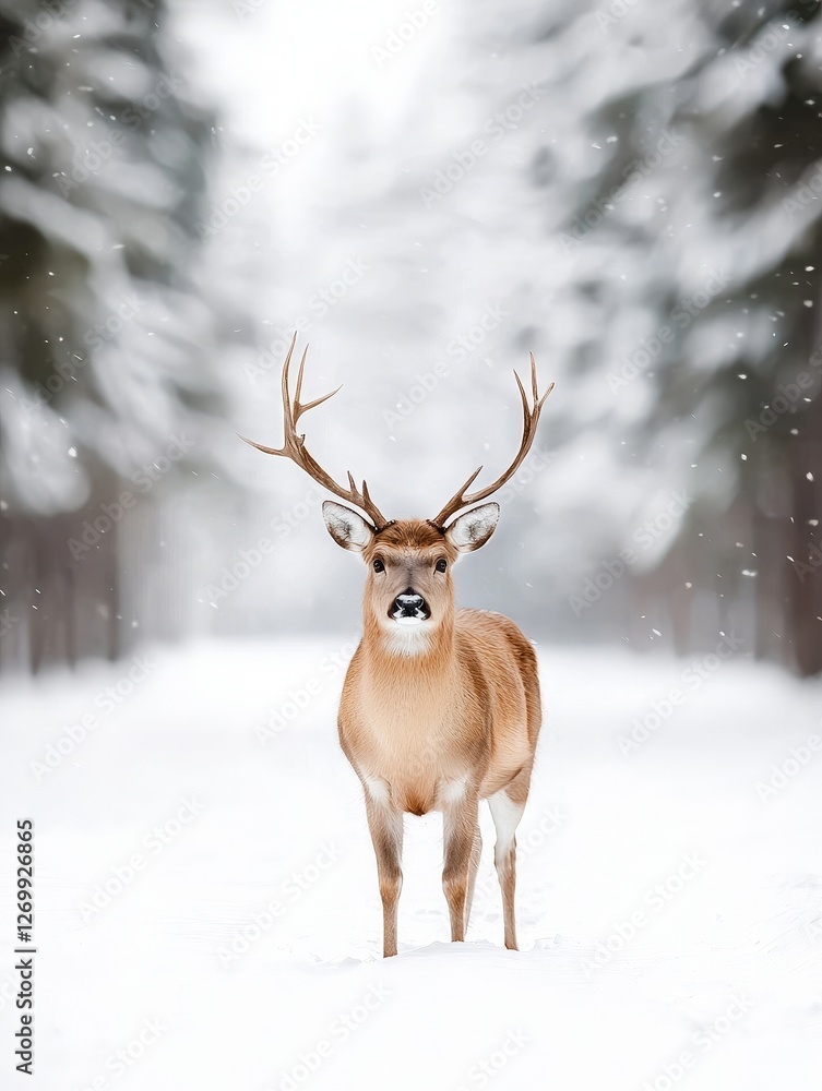 Deer standing in snowy forest surrounded by trees and winter landscape Deer standing in snowy forest surrounded by trees and winter landscape