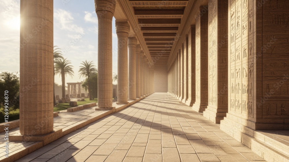 Fototapeta premium Ancient Egyptian colonnaded hallway, sunlight, palm trees, historical background. Possible use Stock photo