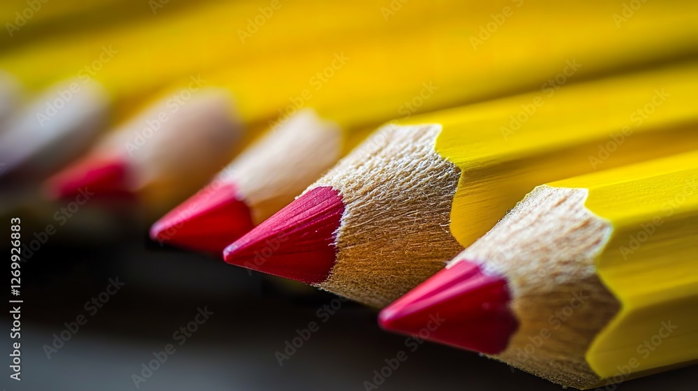 Row of yellow pencils with one red pencil. Row of yellow pencils with one red pencil.