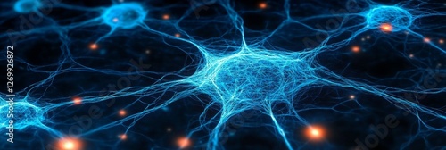 Blue Neural Network Abstract Representation of Neurons, Synapses, and Brain Activity