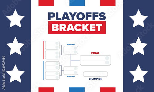 Playoffs bracket. Playoffs grid. Sport tournament bracket. Game and competition schedule. Season final. Team and players. Championship winner. Match score. Vector poster