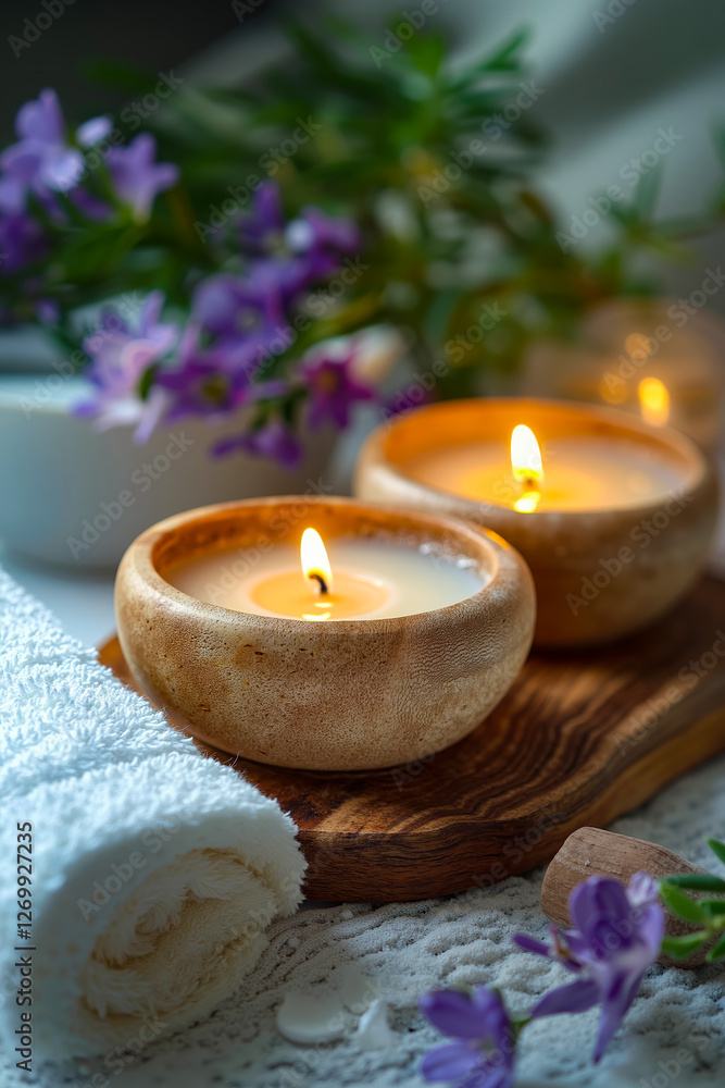 A couple of candles sitting on top of a wooden tray next to a white towel A couple of candles sitting on top of a wooden tray next to a white towel