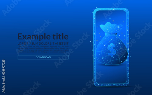 Smartphone with savings or financial profit concept with dollar technology background. Money bag with dollar coins in low poly style